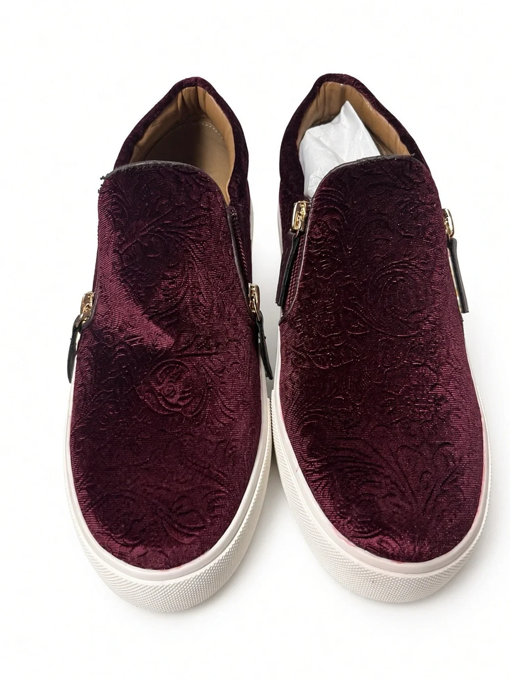 NWOB Volatile Burgundy Velvet Zip Slip-On Sneakers 7.5